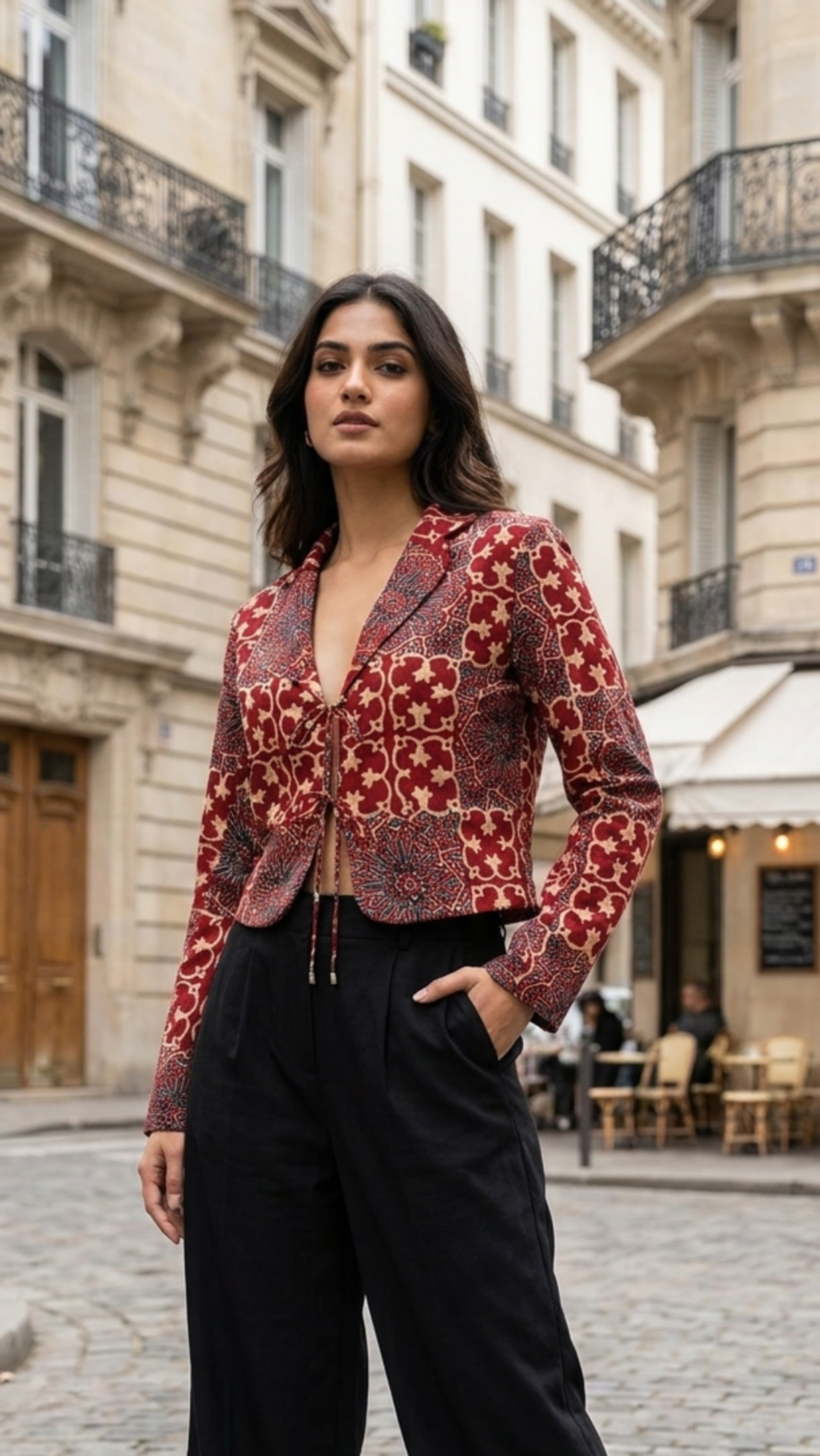 Woman in a red patterned jacket and black pants standing on a street in an urban setting.